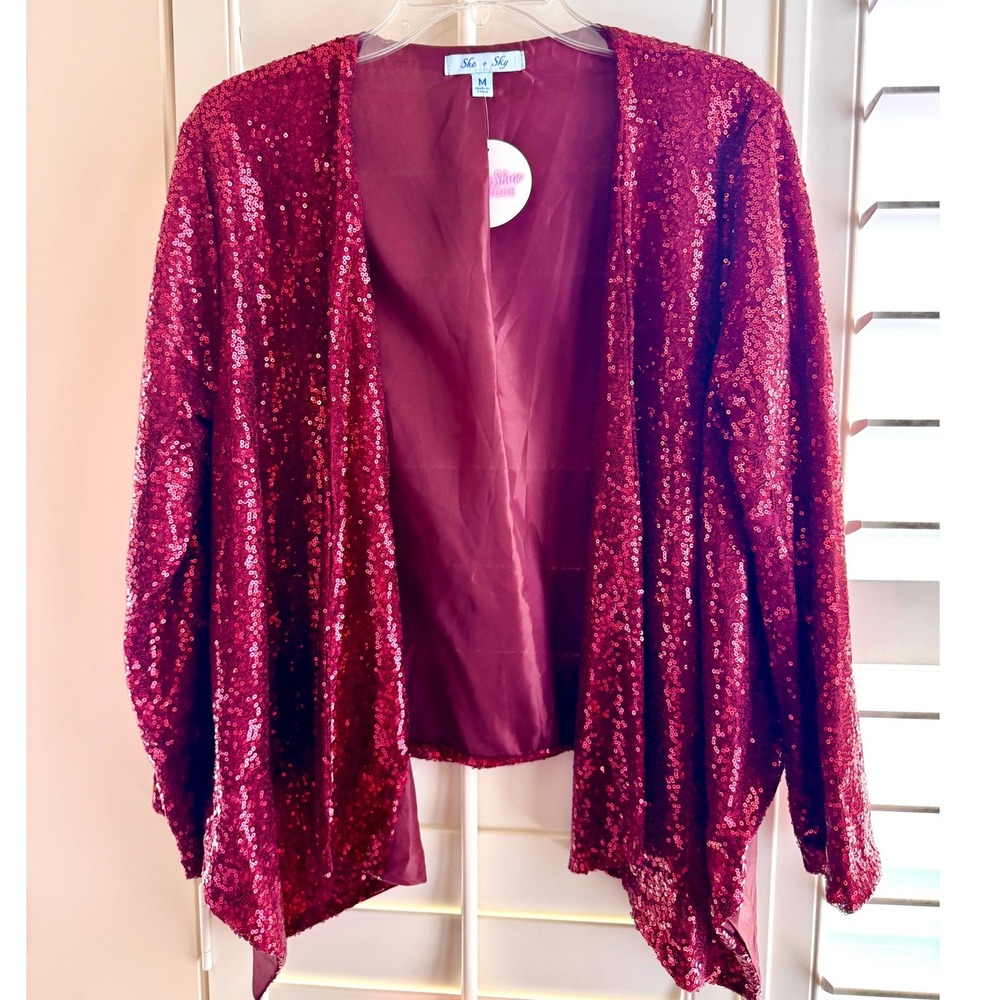 She + Sky Red Sequin Holiday Star Blazer Open Front Party Jacket Medium SL8590